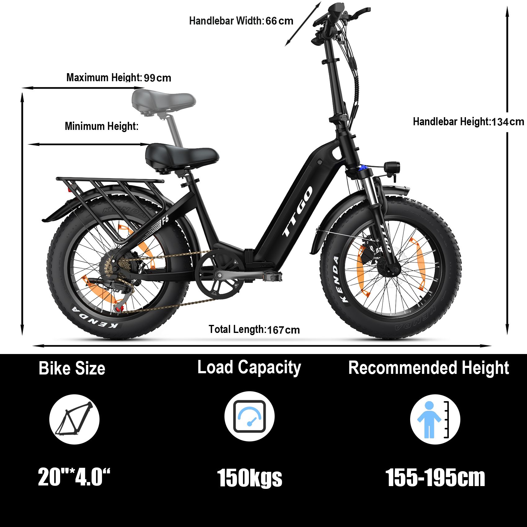 E-bike pieghevole nera. Dimensioni: 167 cm lunghezza, manubrio 66 cm, altezza 99-134 cm. Portata 150 kg. Altezza consigliata 155-195 cm.