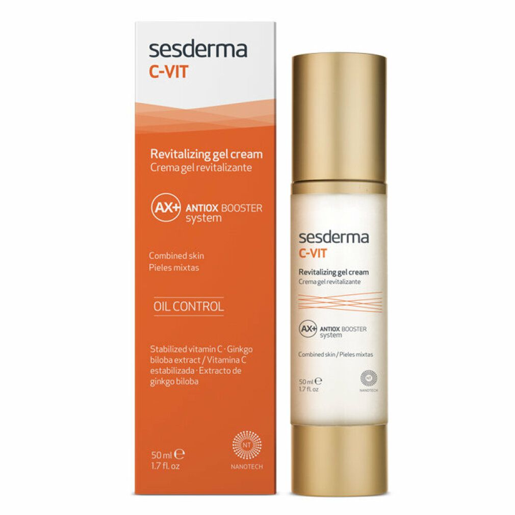 Sesderma C-VIT Crema gel rivitalizzante. Flacone e confezione. Confezione arancione con informazioni sul prodotto. 50 ml.