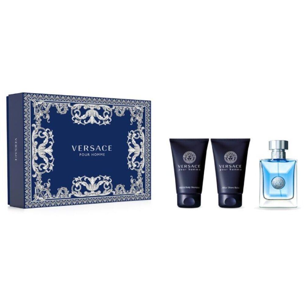 Set regalo blu con scatola, due tubi e un flacone. Sulla scatola è scritto "Versace Pour Homme".
