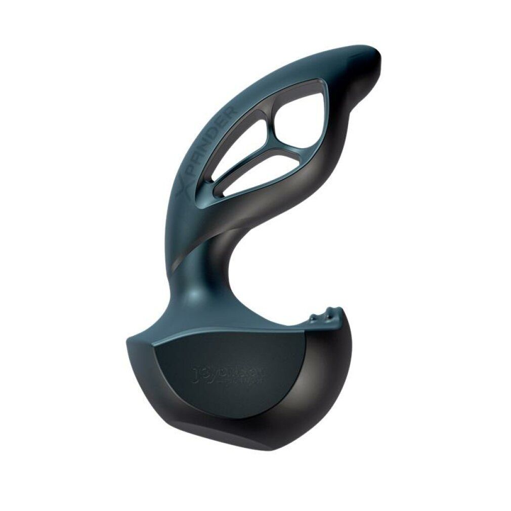 Prodotto grigio scuro con forma curva e aperture. Il prodotto ha una base arrotondata.