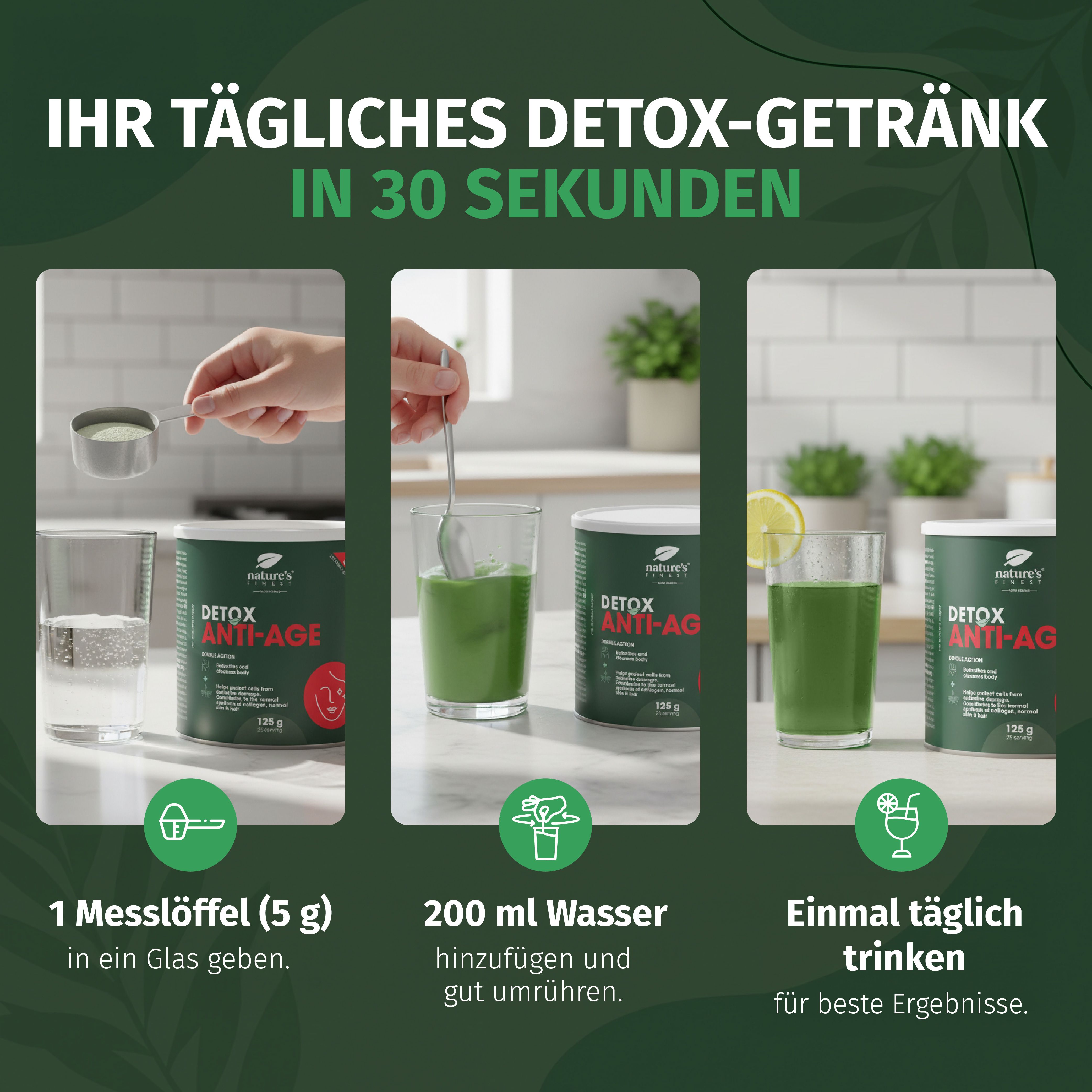 Istruzioni passo passo per preparare una bevanda detox con la polvere Nature's Finest Detox Anti-Age.
