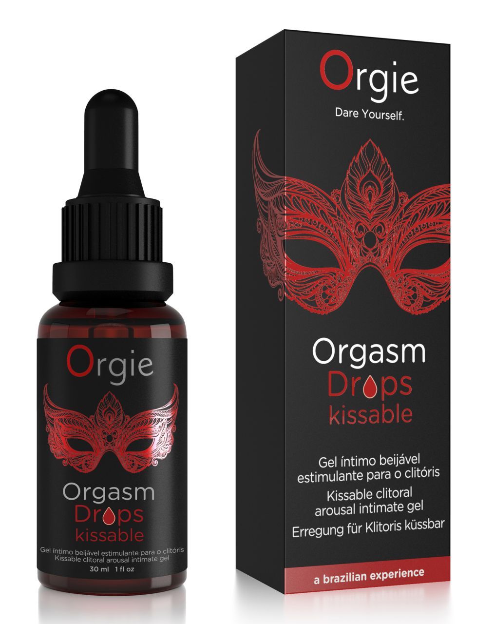 Flacone e confezione Orgie Orgasm Drops Kissable, motivo a maschera.
