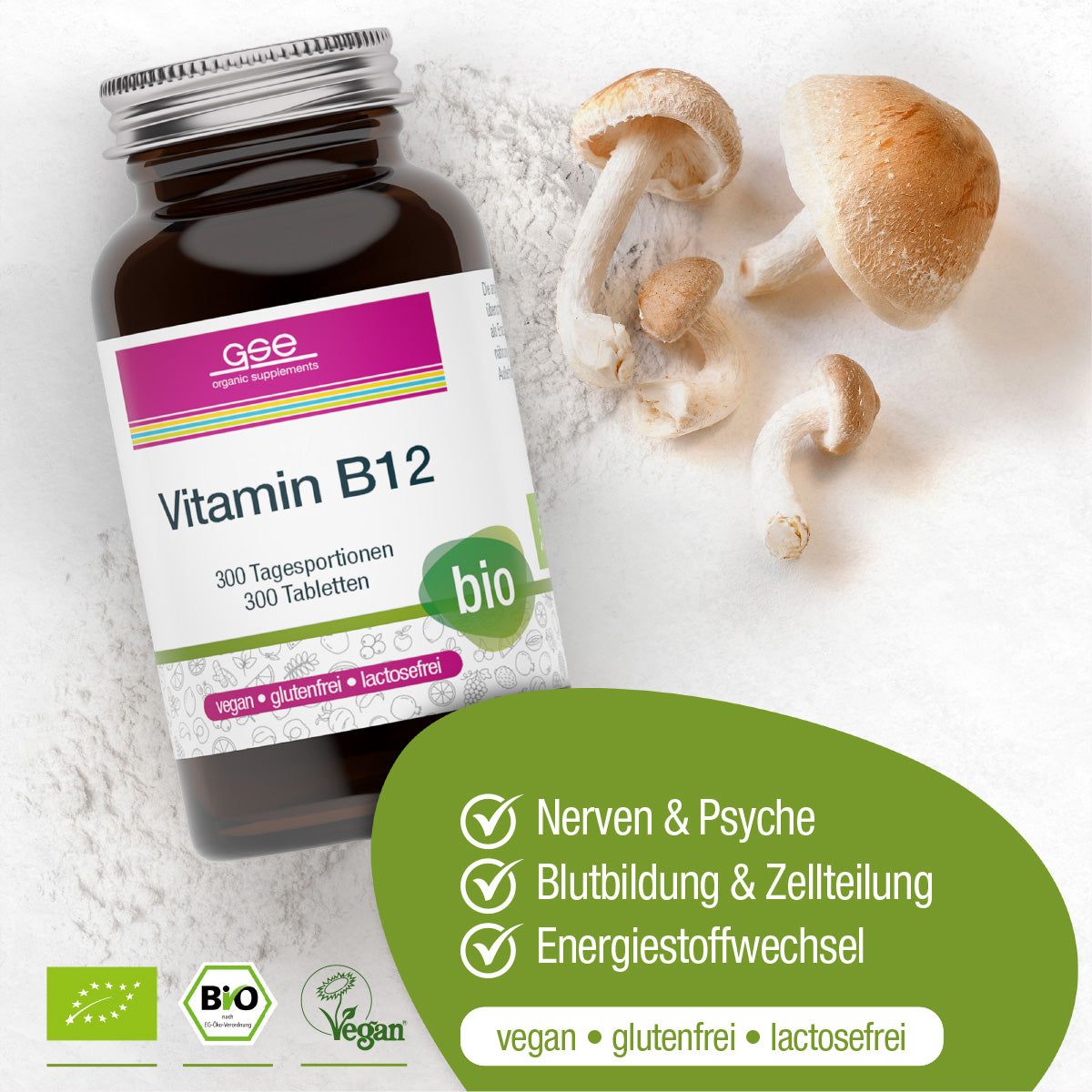 Flacone in vetro marrone con GSE Vitamin B12 Compact. Scritta: Vitamin B12, bio, 300 compresse. Vegano, senza glutine, senza lattosio. Funghi.