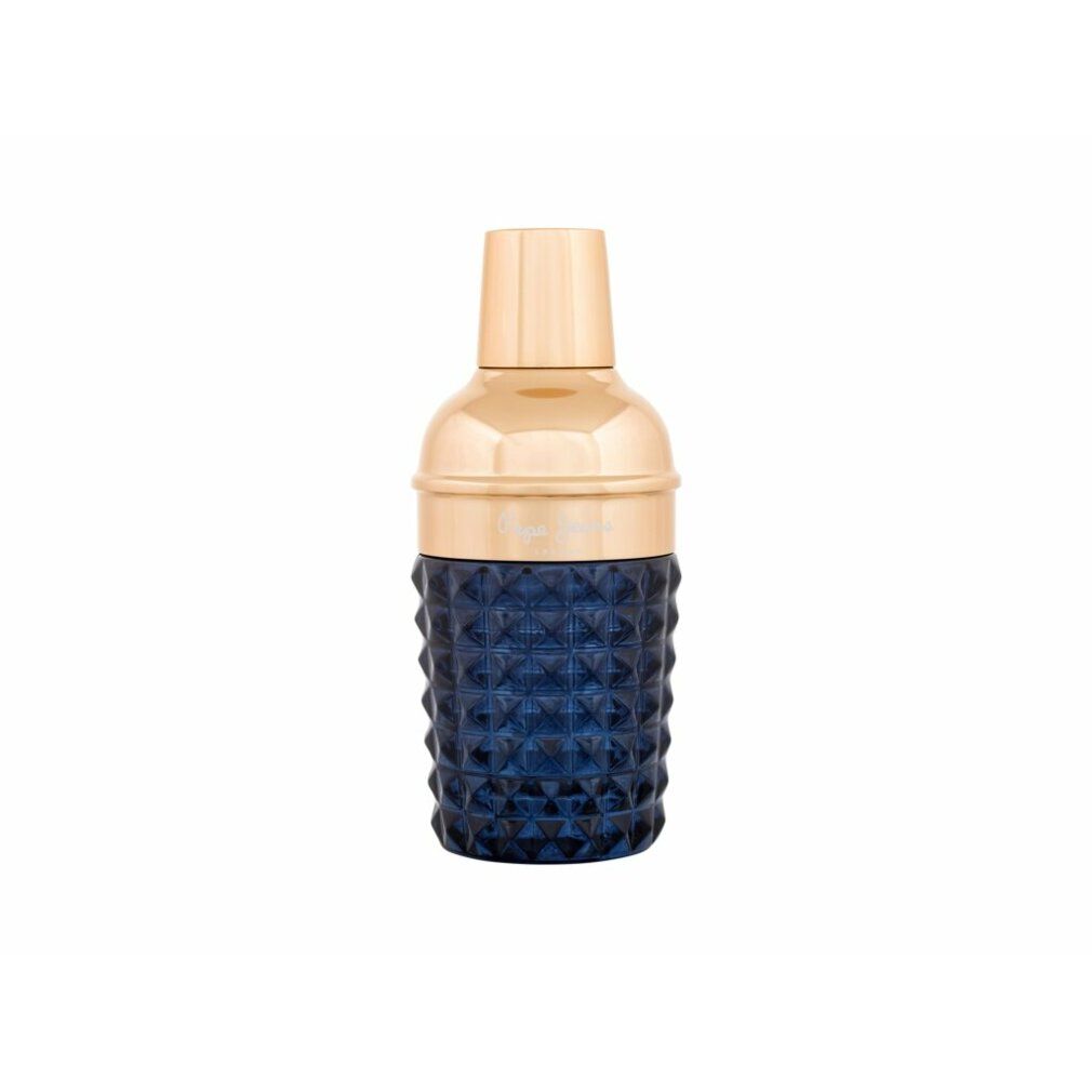 Flacone Pepe Jeans Celebrate For Him Eau de Parfum. Flacone blu scuro sfaccettato con tappo dorato.