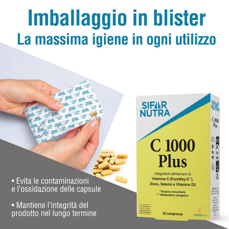 Mani che tengono blister di compresse. Scatola gialla "Sifar Nutra C 1000 Plus". Testo: 30 compresse. Massima igiene.