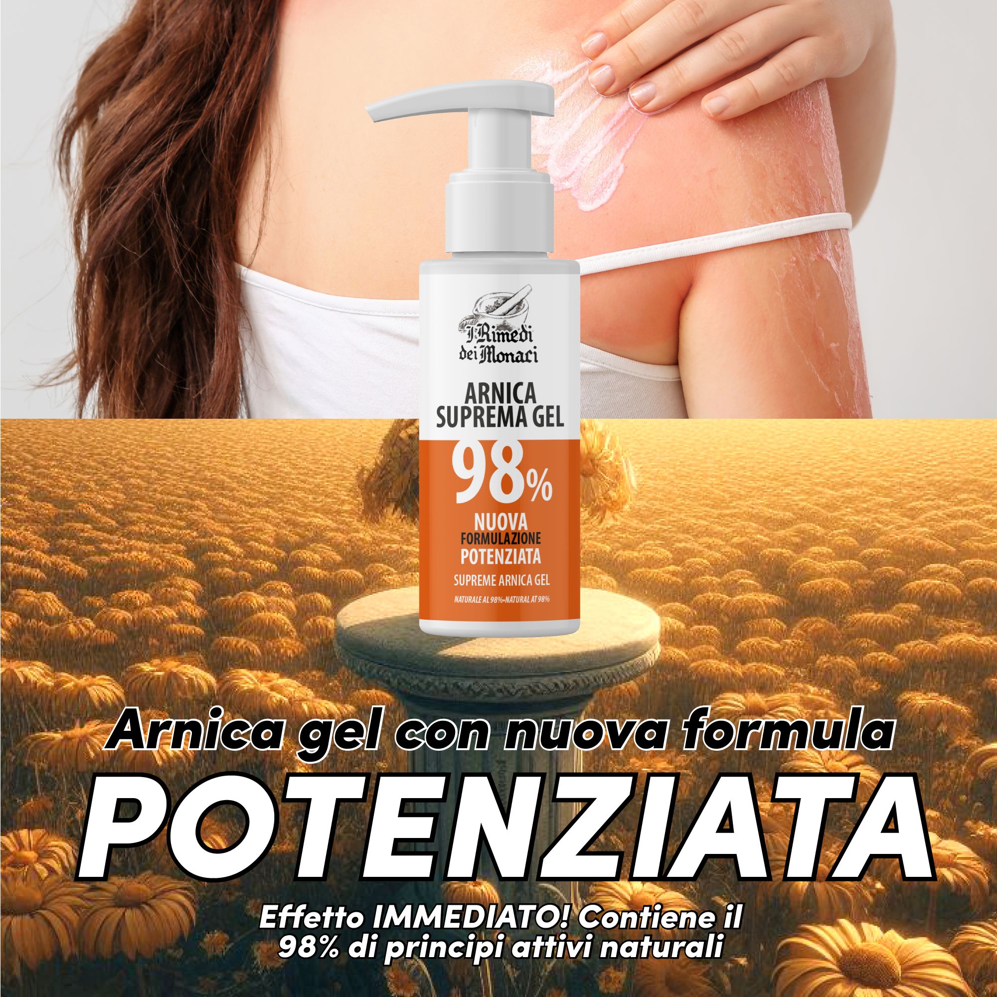 Gel Arnica Supreme 98%. Flacone bianco con dosatore. Testo: Arnica gel con nuova formula POTENZIATA. Contiene il 98% di principi attivi naturali.