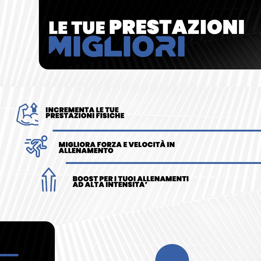 Infografica con testo: Migliora le tue prestazioni. Aumenta le prestazioni fisiche. Migliora forza e velocità. Boost per allenamenti intensi.