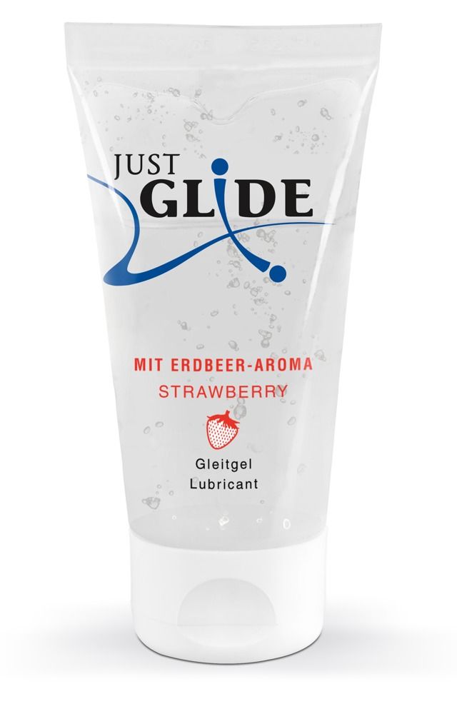 Lubrificante Just Glide in tubo trasparente con tappo bianco. Aroma fragola.