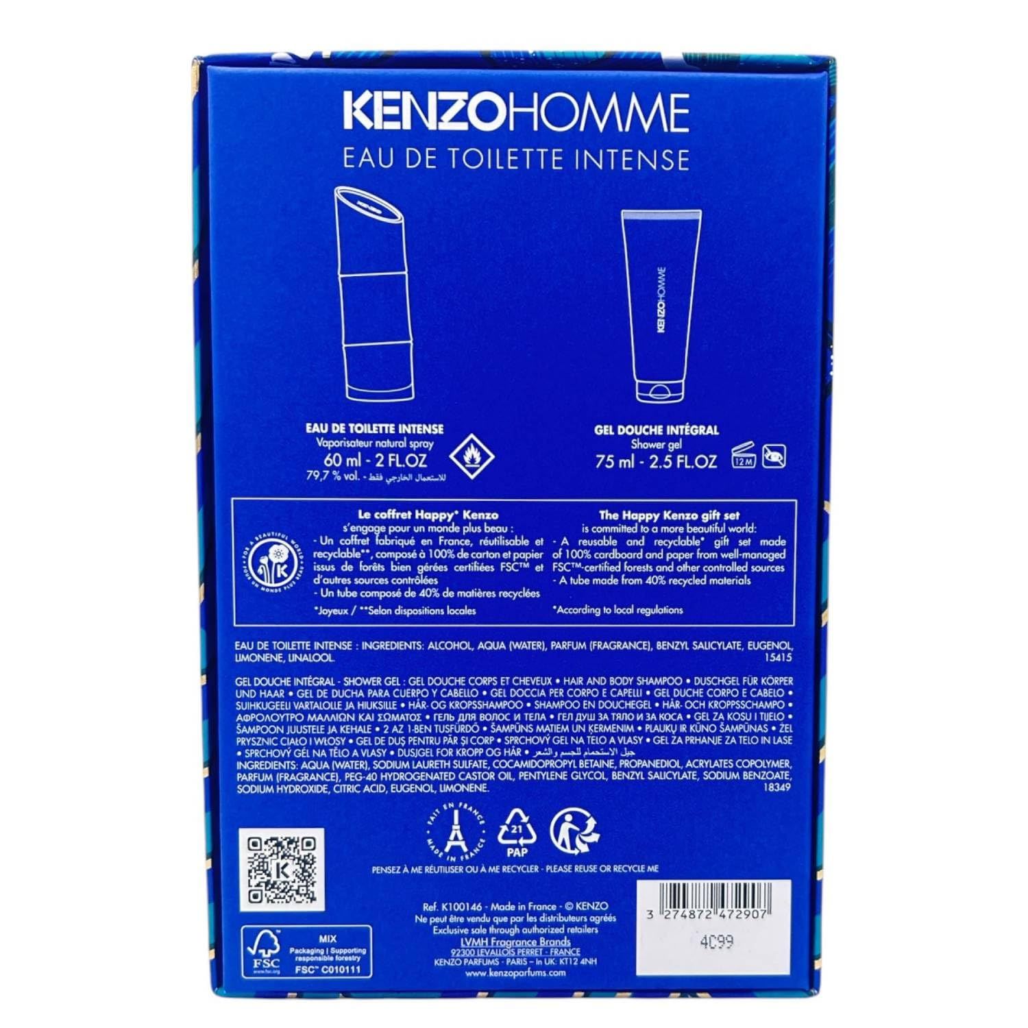 Confezione regalo blu e bianca. Contiene flacone e tubo. Testo: KENZO HOMME, Eau de Toilette Intense, Gel Doccia Integral. Certificazione FSC.