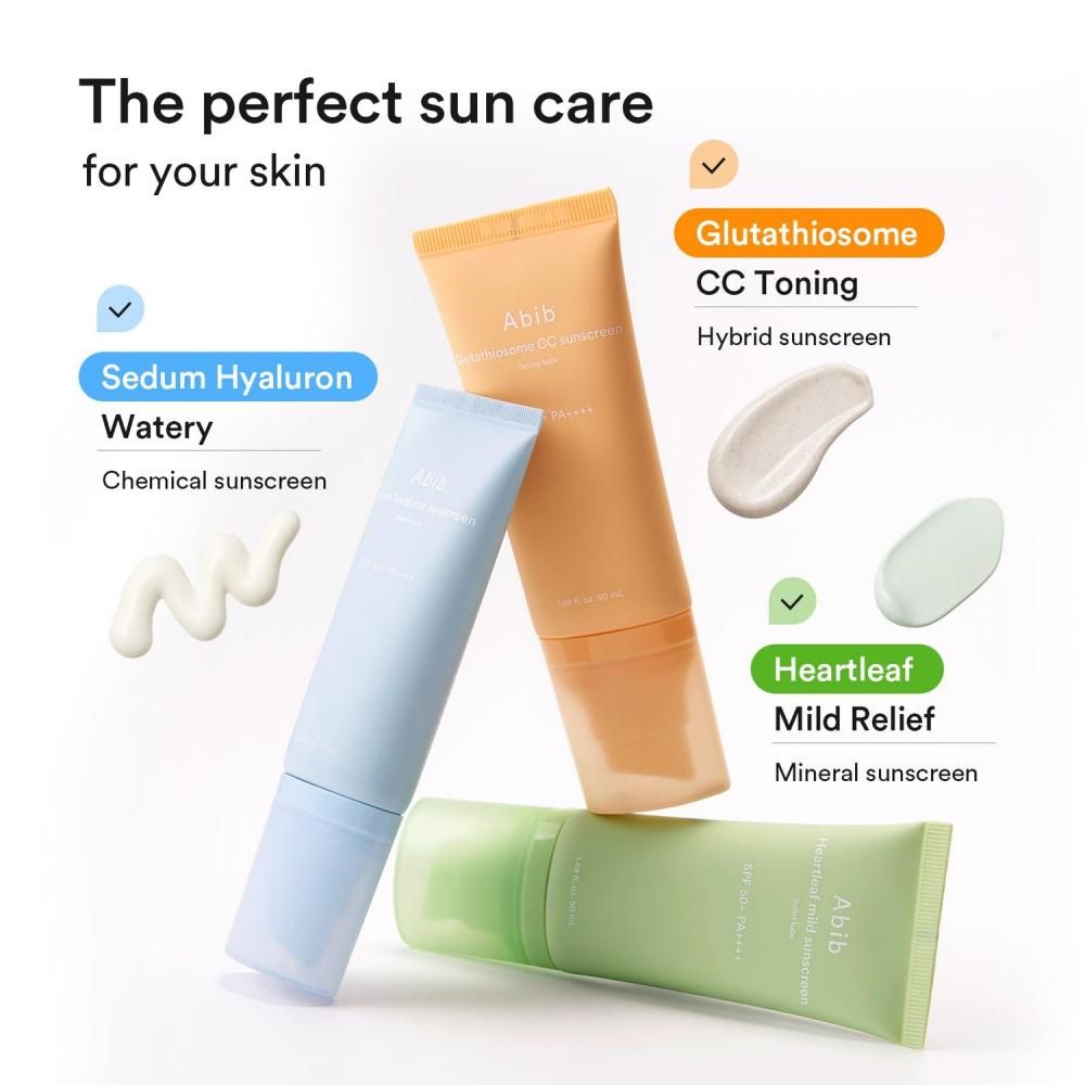 Tre tubetti di protezione solare Abib: Heartleaf Mild, Sedum Hyaluron Watery e CC Toning.