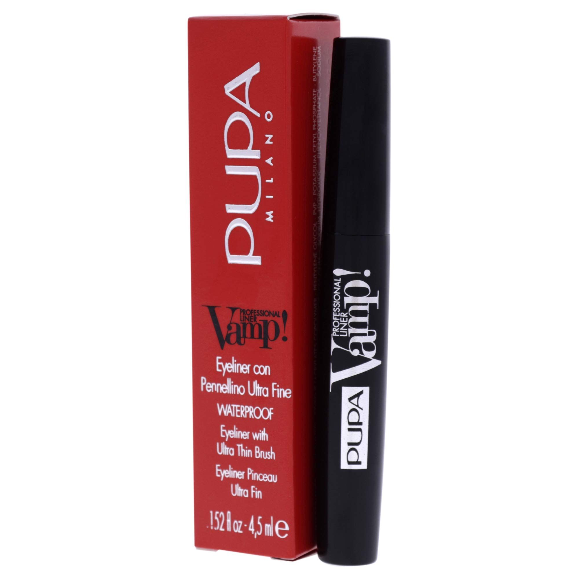 Eyeliner nero con confezione rossa. Sulla confezione "Pupa Milano Vamp!" e informazioni sul prodotto. L'eyeliner ha un applicatore sottile.