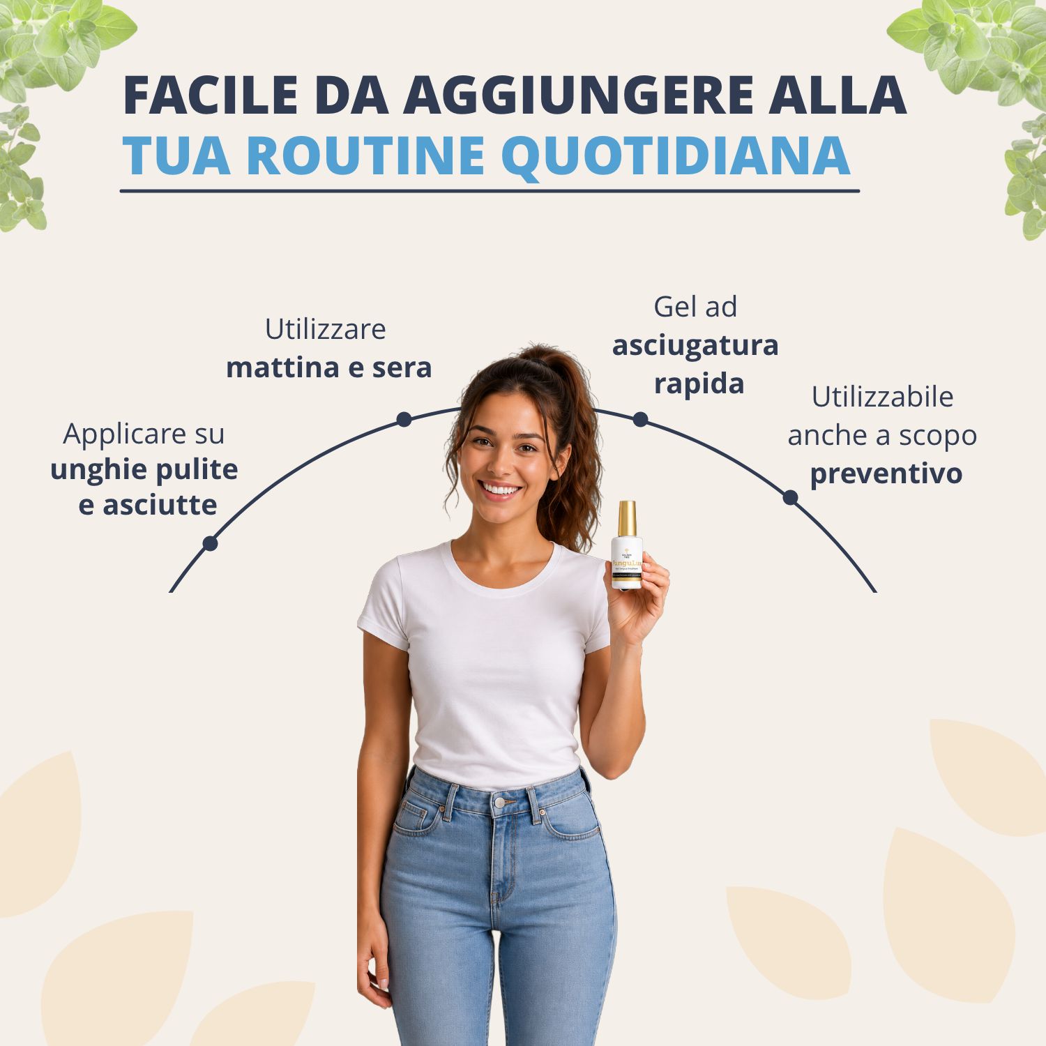 Una donna integra il trattamento per unghie FunguLux nella sua routine quotidiana.