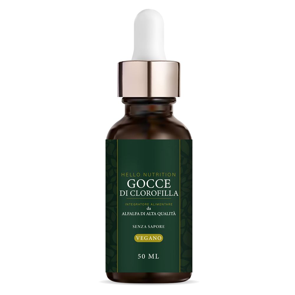 Flacone di vetro marrone con tappo nero e contagocce. Etichetta verde con testo: Gocce di Clorofilla, 50 ml.
