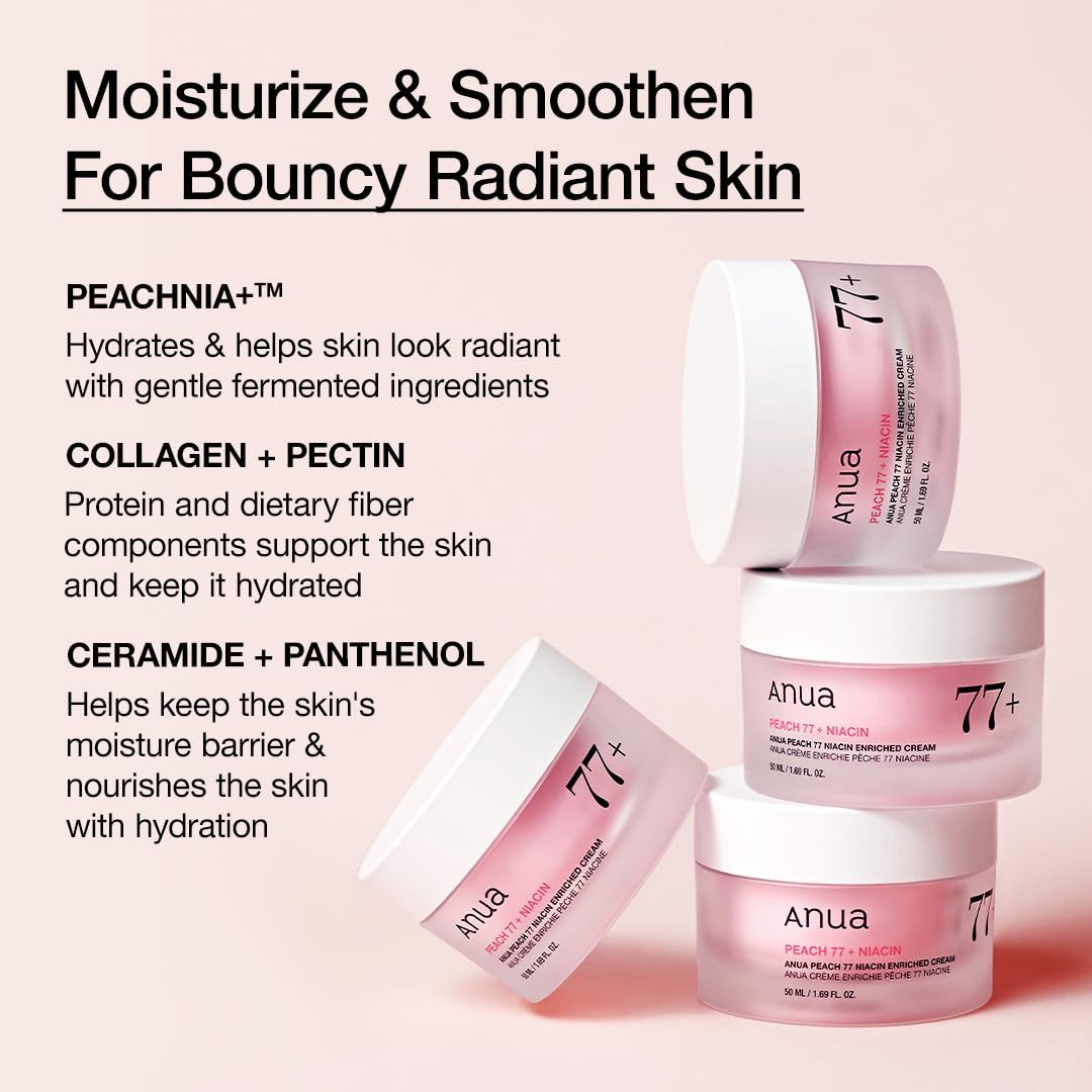 Tre vasetti di crema rosa impilati. Scritta: Anua Peach 77% Niacin Enriched Cream. Testo sugli ingredienti.