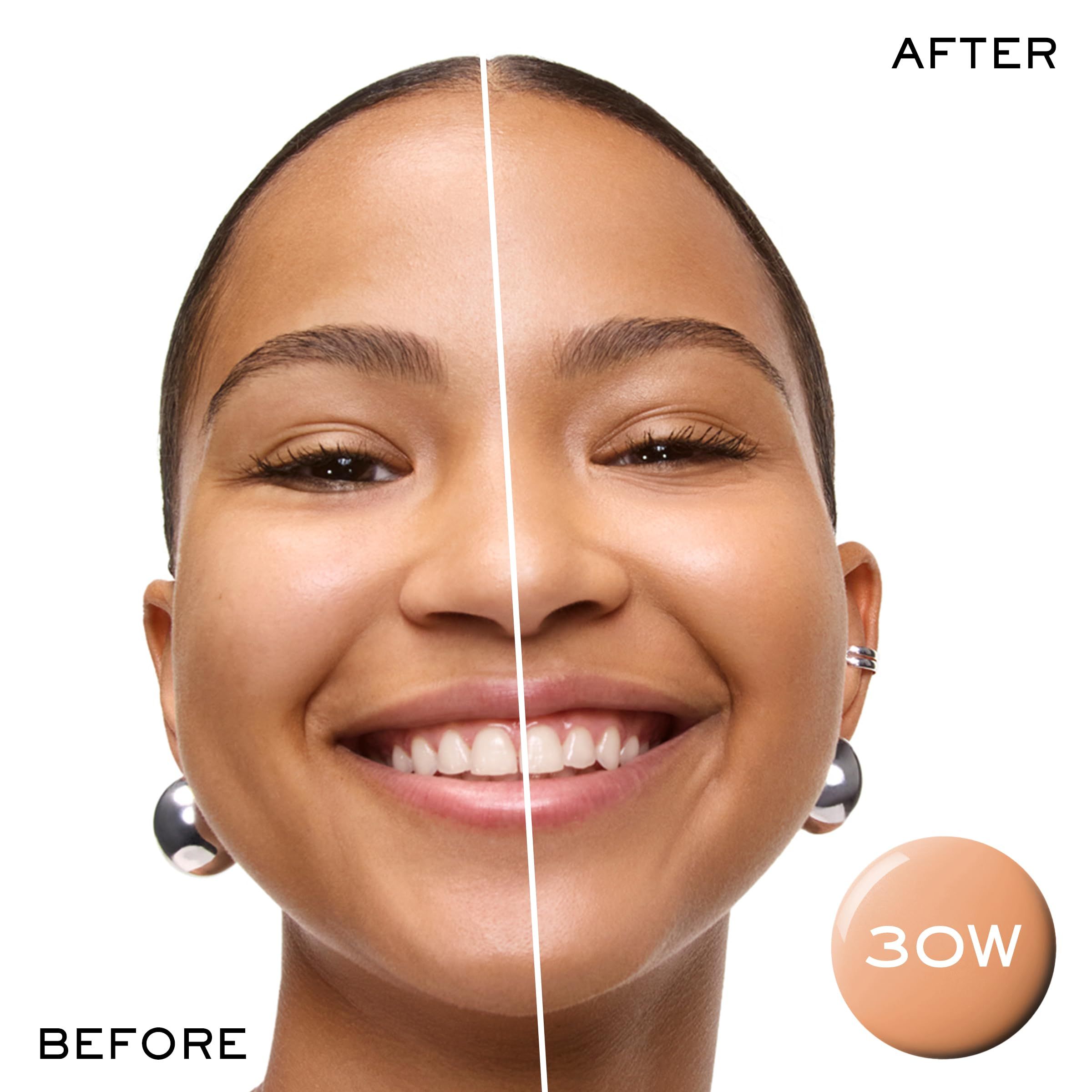 Viso prima e dopo l'applicazione. A destra: tonalità 30W. Testo: Dopo, Prima.