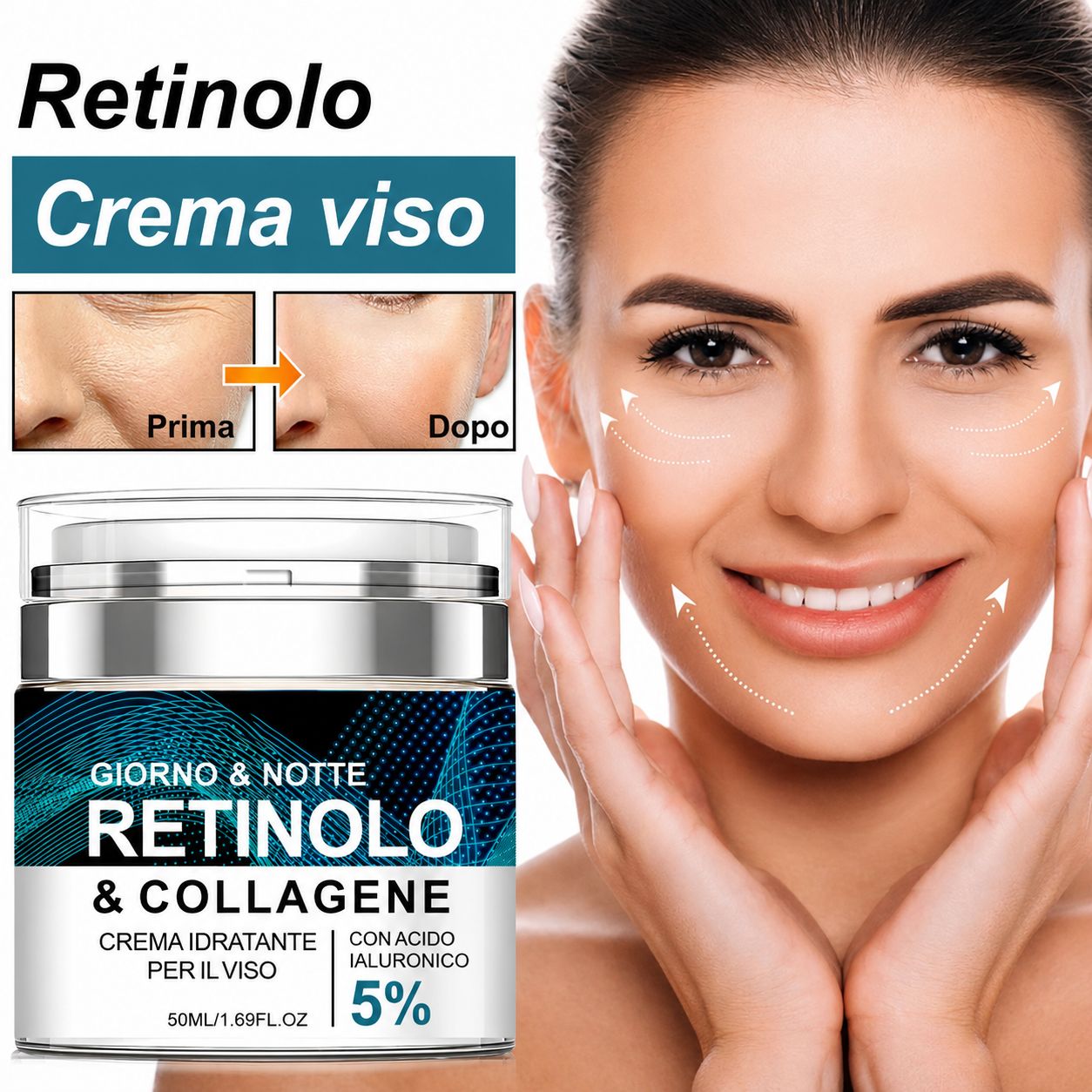Crema viso Soleneva Retinololo con modella e vasetto prodotto, con benefici.