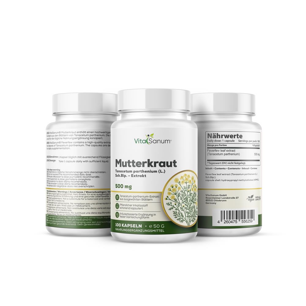 Tre flaconi bianchi di capsule con etichette verdi. Scritta: Mutterkraut, 500 mg, logo VitaSanum. Illustrazione di fiori.
