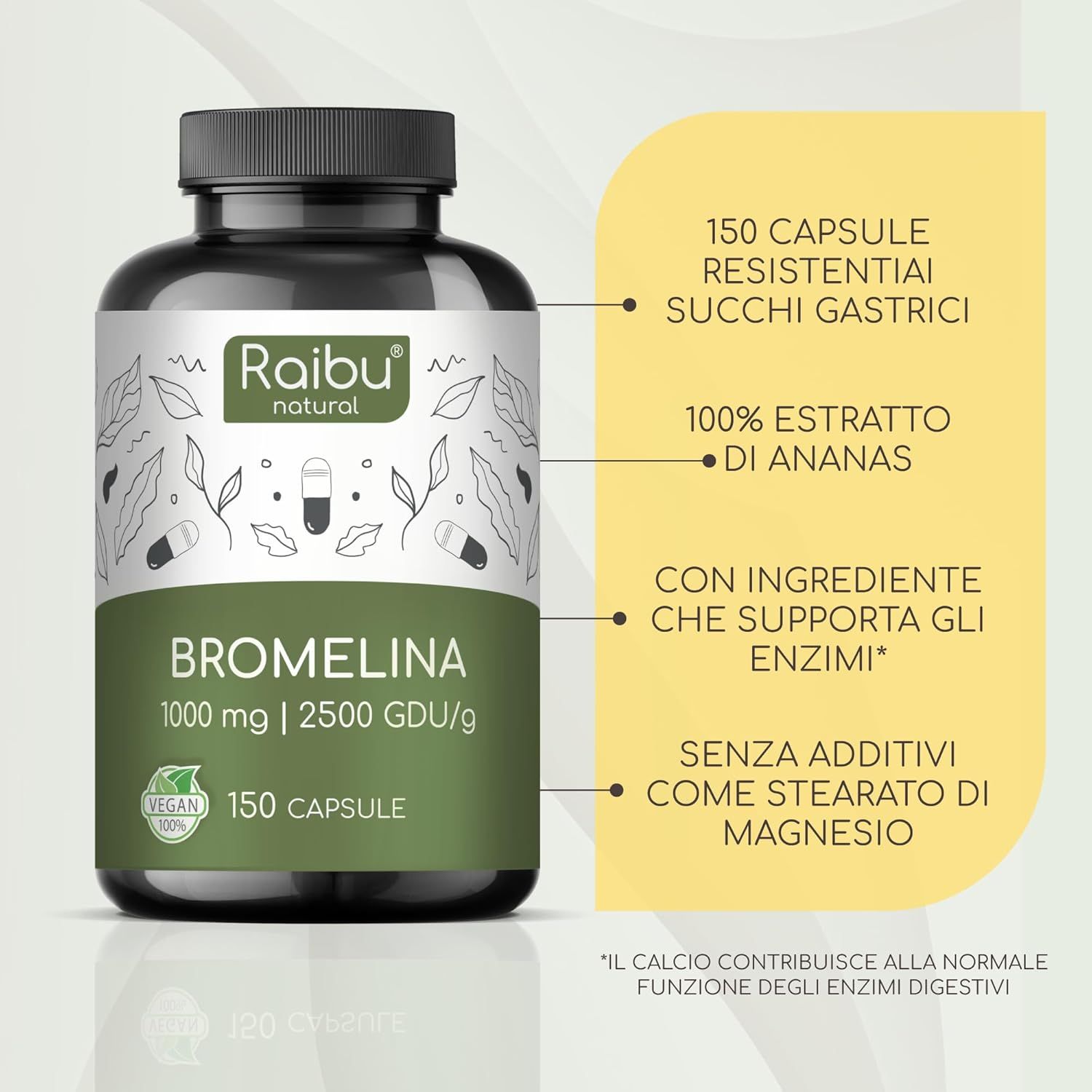 Flacone nero con etichetta verde. Contiene bromelina 1000 mg, 150 capsule. 100% estratto di ananas.
