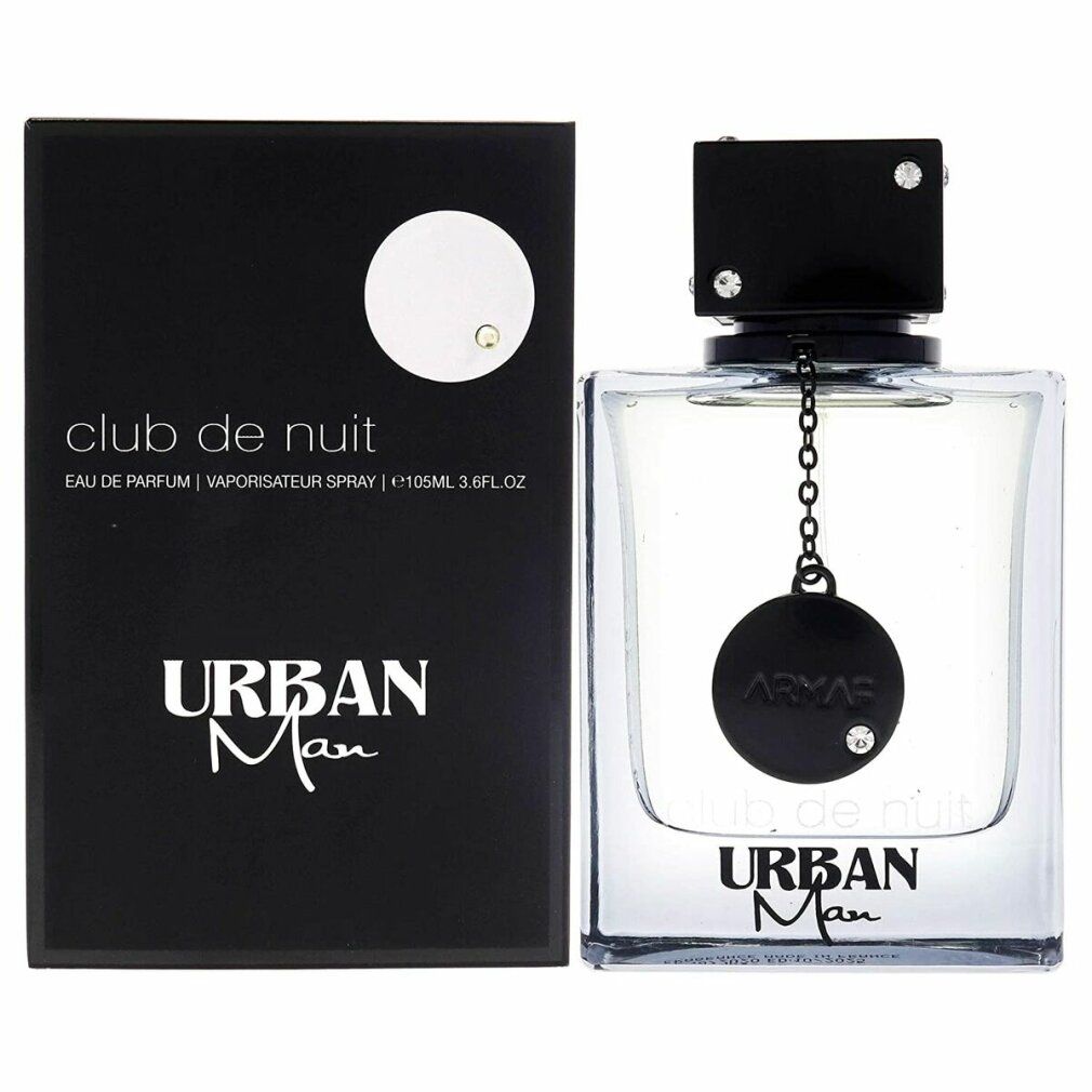 Scatola nera e flacone. Flacone con tappo nero e catena. Scritta: Club de Nuit, Urban Man.