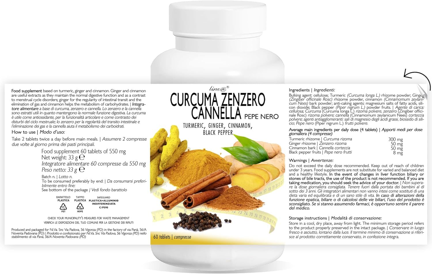 Una bottiglia bianca con un'etichetta che mostra curcuma, zenzero, cannella e pepe nero, con la dicitura '60 compresse'.
