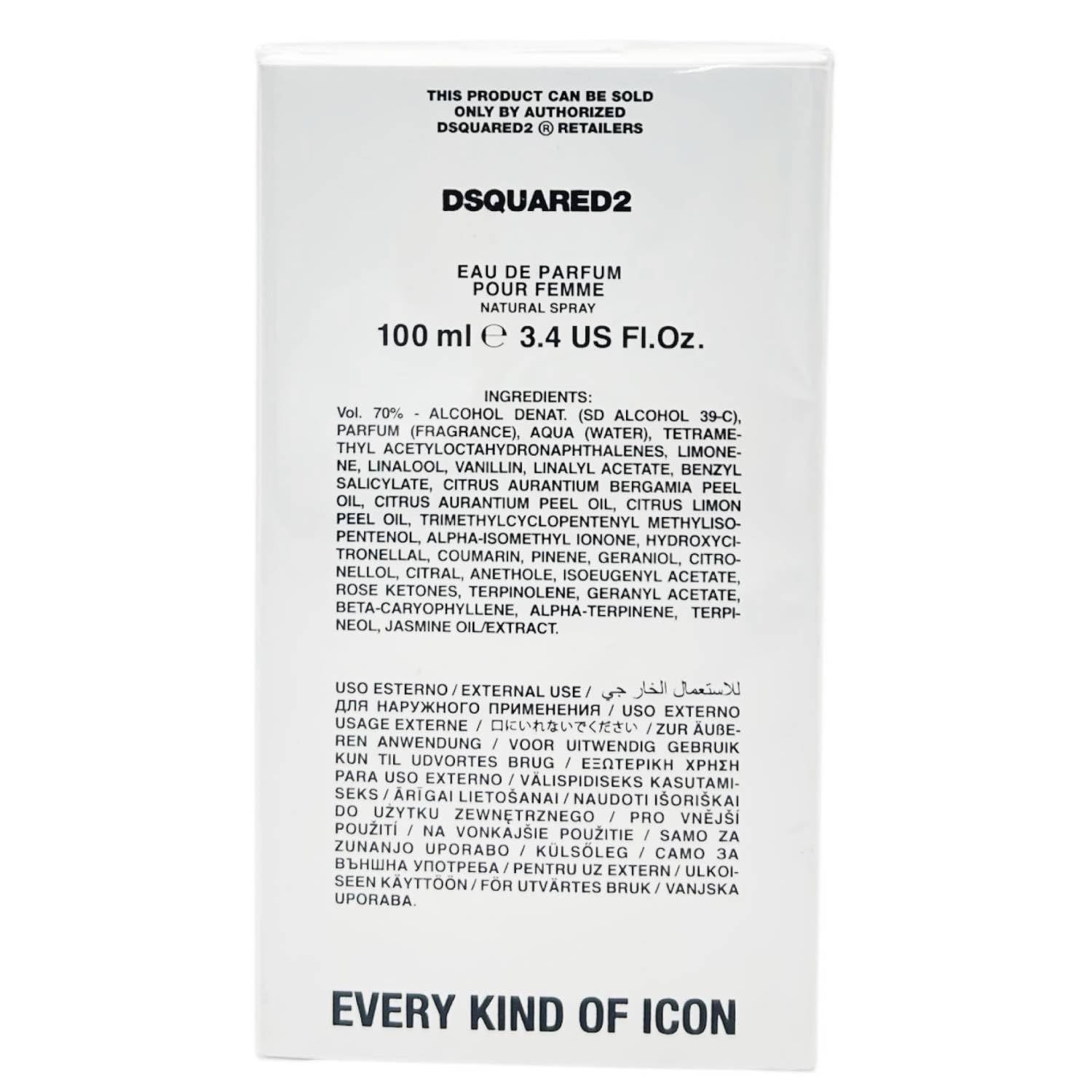 Retro della confezione. Testo con ingredienti, istruzioni per l'uso e "EVERY KIND OF ICON".