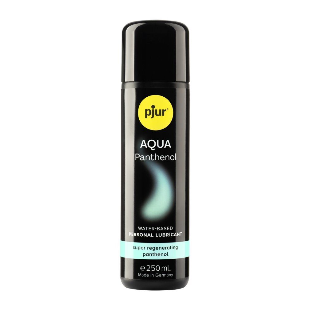 Flacone nero con logo giallo e scritta "Pjur Aqua Panthenol". Scritte blu e bianche. Lubrificante a base d'acqua.