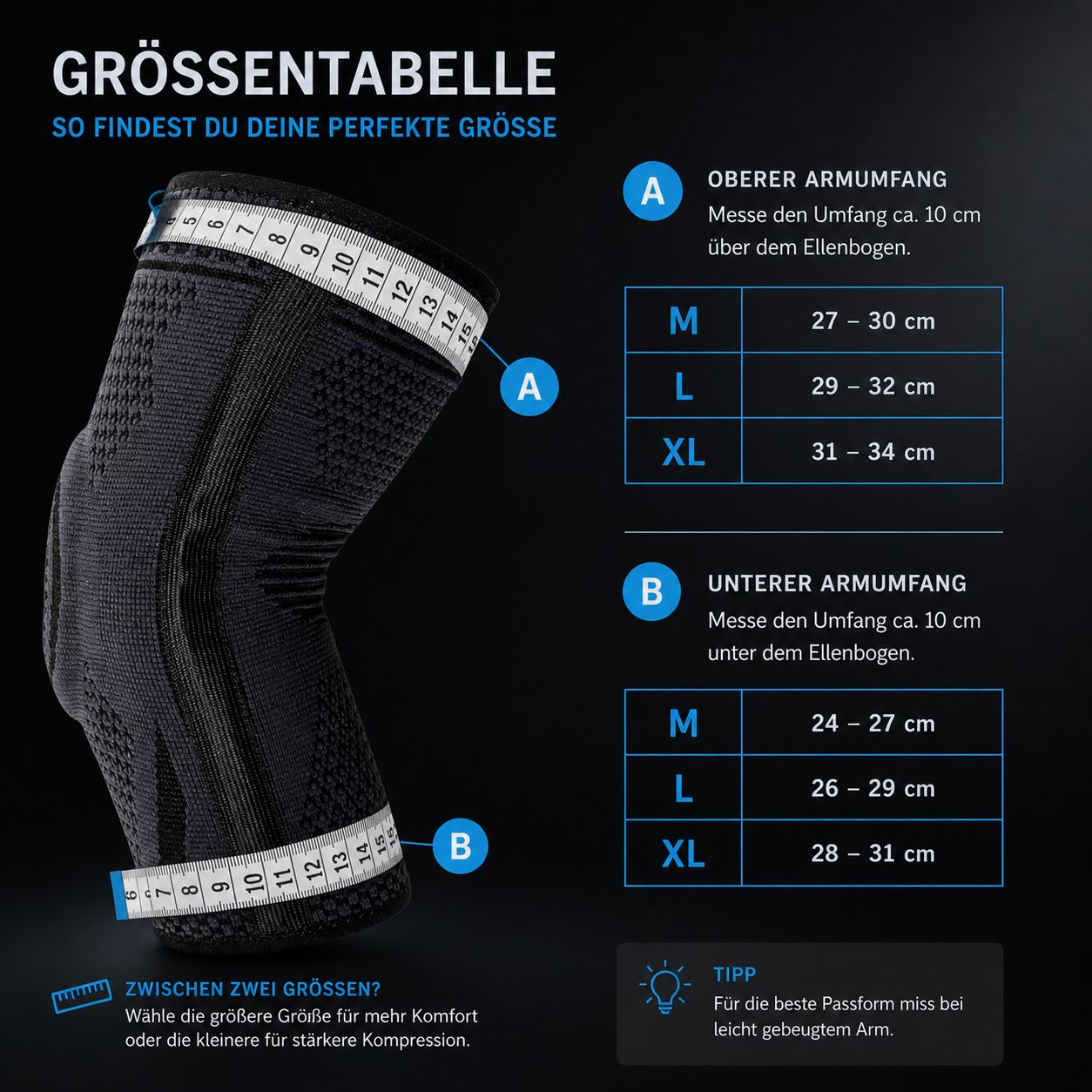 Tabella taglie per tutore gomito. Misure in cm per circonferenza braccio superiore e inferiore. Taglie: M, L, XL. Guida alla misurazione.