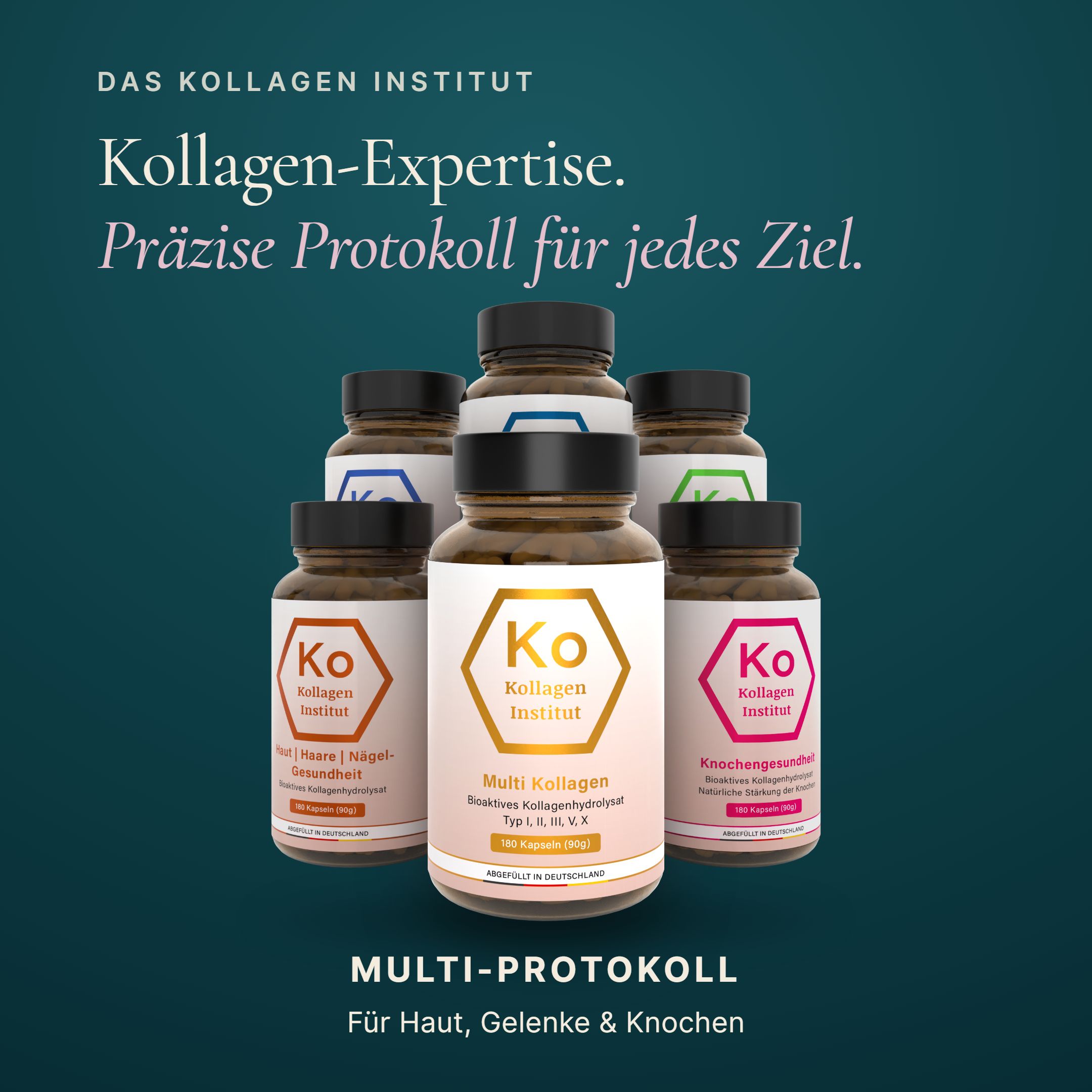 Cinque flaconi di Kollagen Institut Multi Kollagen Kapseln di diversi colori.