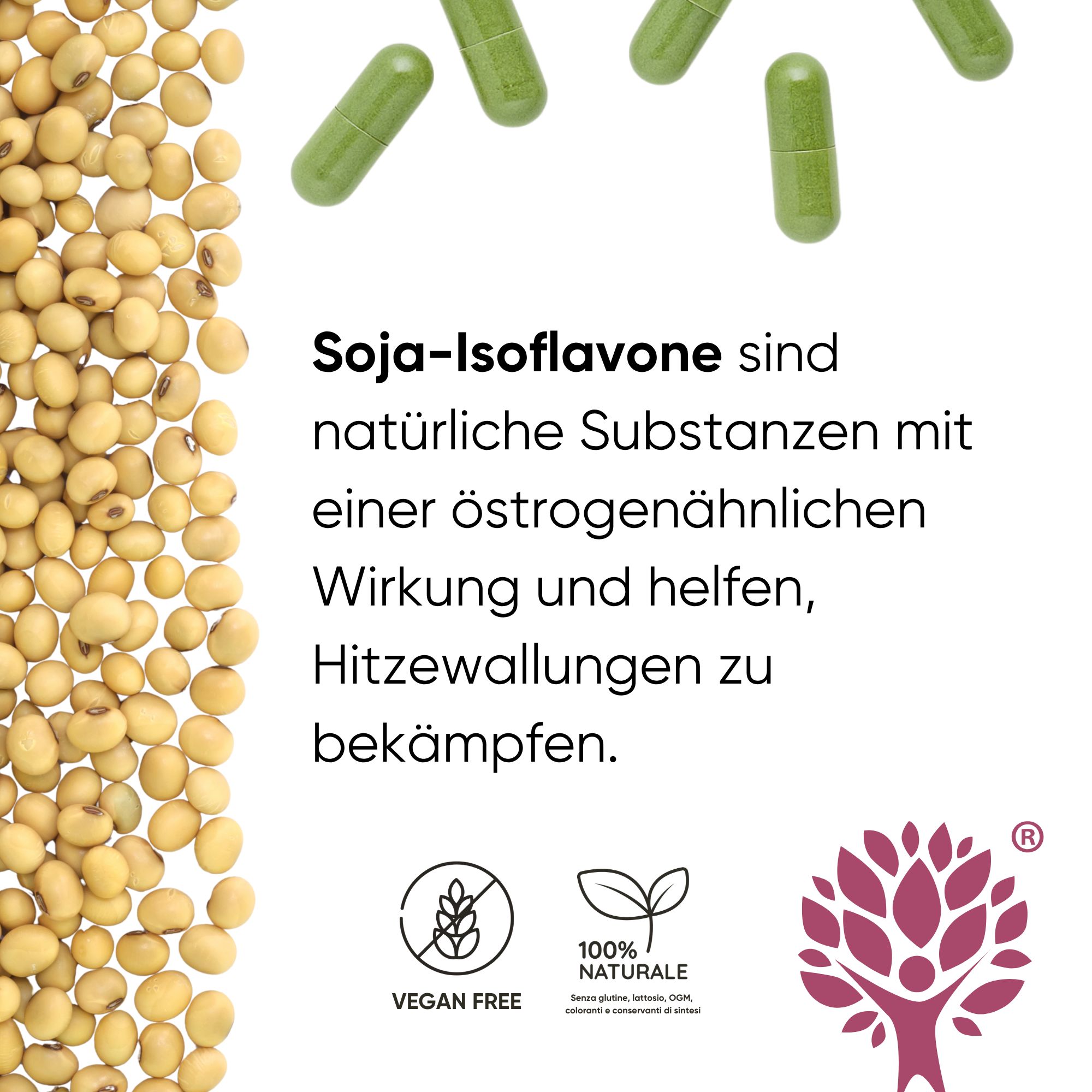 Fagioli di soia e capsule verdi. Testo: Gli isoflavoni di soia sono sostanze naturali con un'azione simile agli estrogeni.