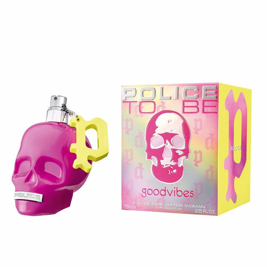 Flacone di profumo rosa a forma di teschio con ciondolo giallo e scatola abbinata.