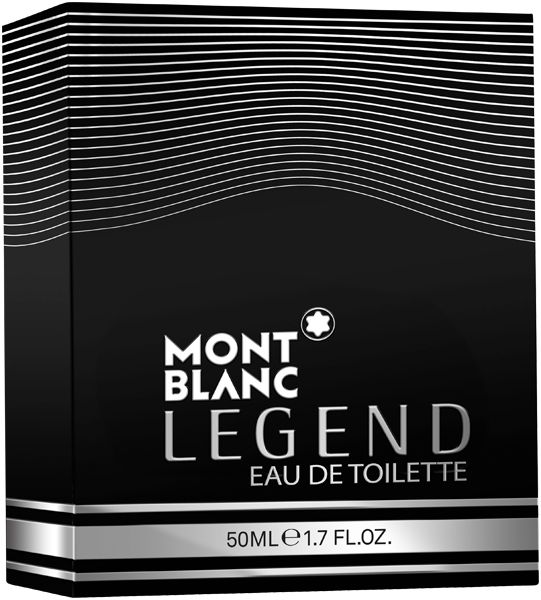 Confezione nera con strisce argentate. Scritta: MONTBLANC, LEGEND, Eau de Toilette. 50ml, 1.7 FL.OZ.