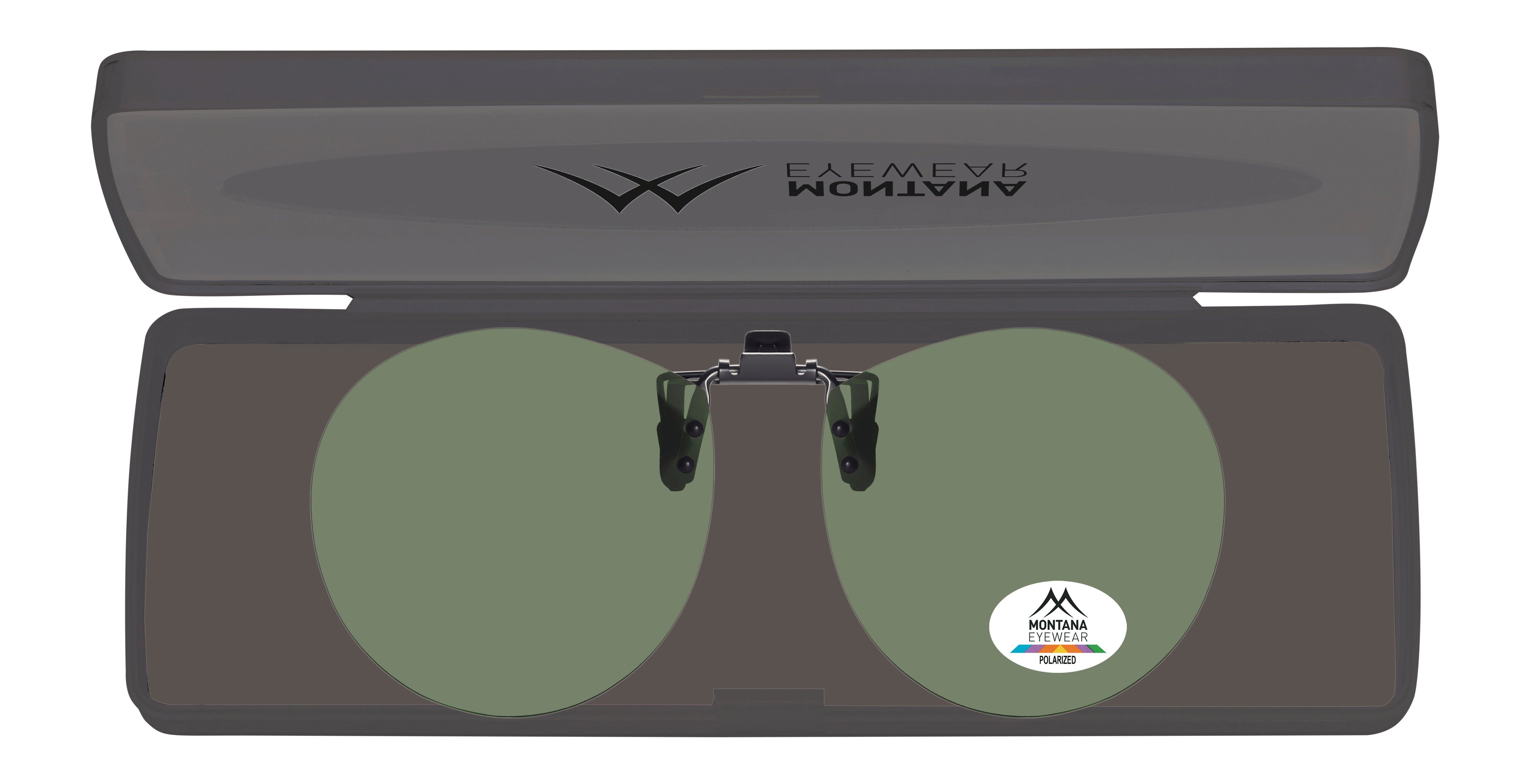 Occhiali da sole Montana Eyewear Sopot clip-on in custodia. Lenti rotonde verdi. Clip. Logo e Polarized.