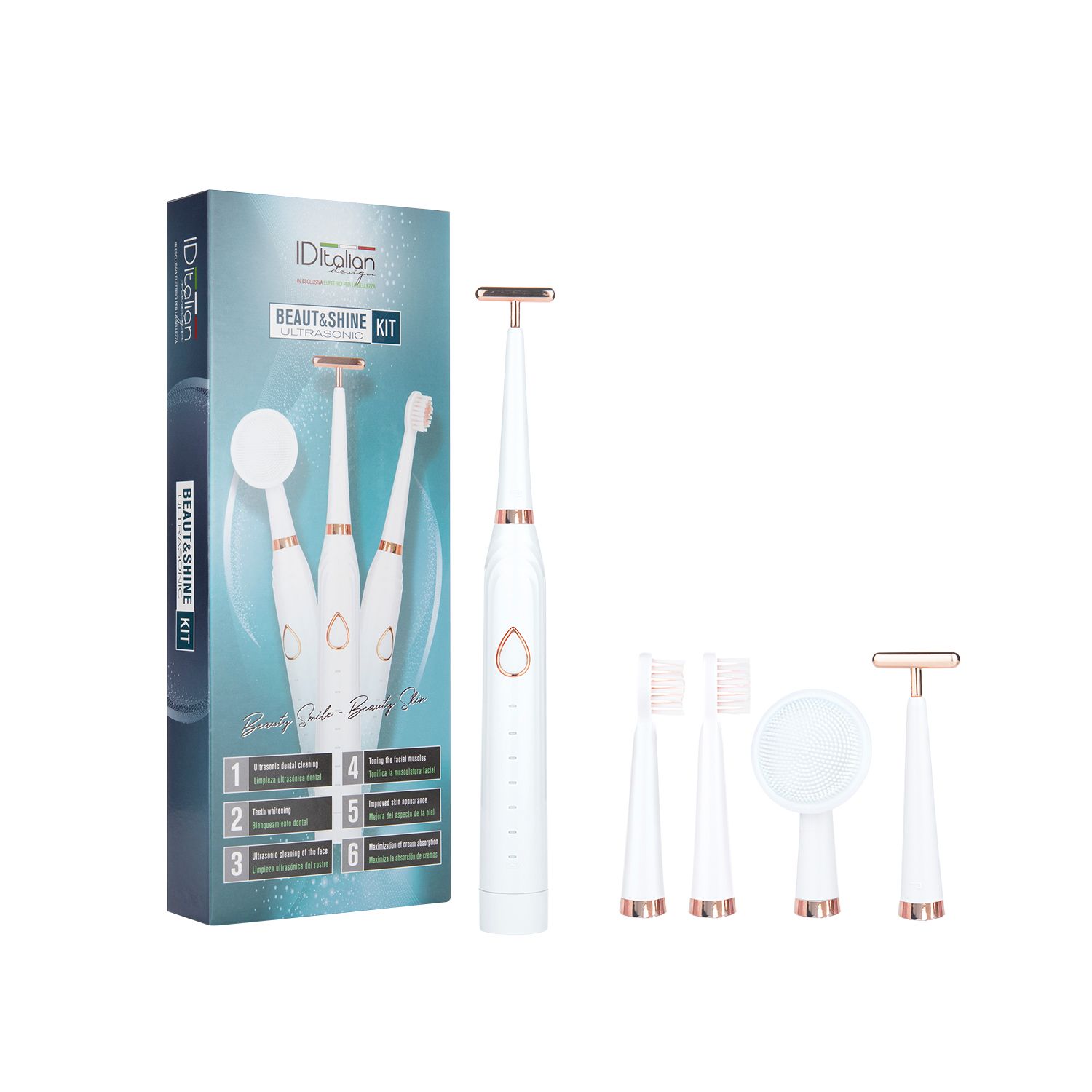 Confezione kit con kit 3-in-1 a ultrasuoni per viso e denti bianco e oro rosa. Include base, testine, rasoio e spazzola per la pulizia del viso.