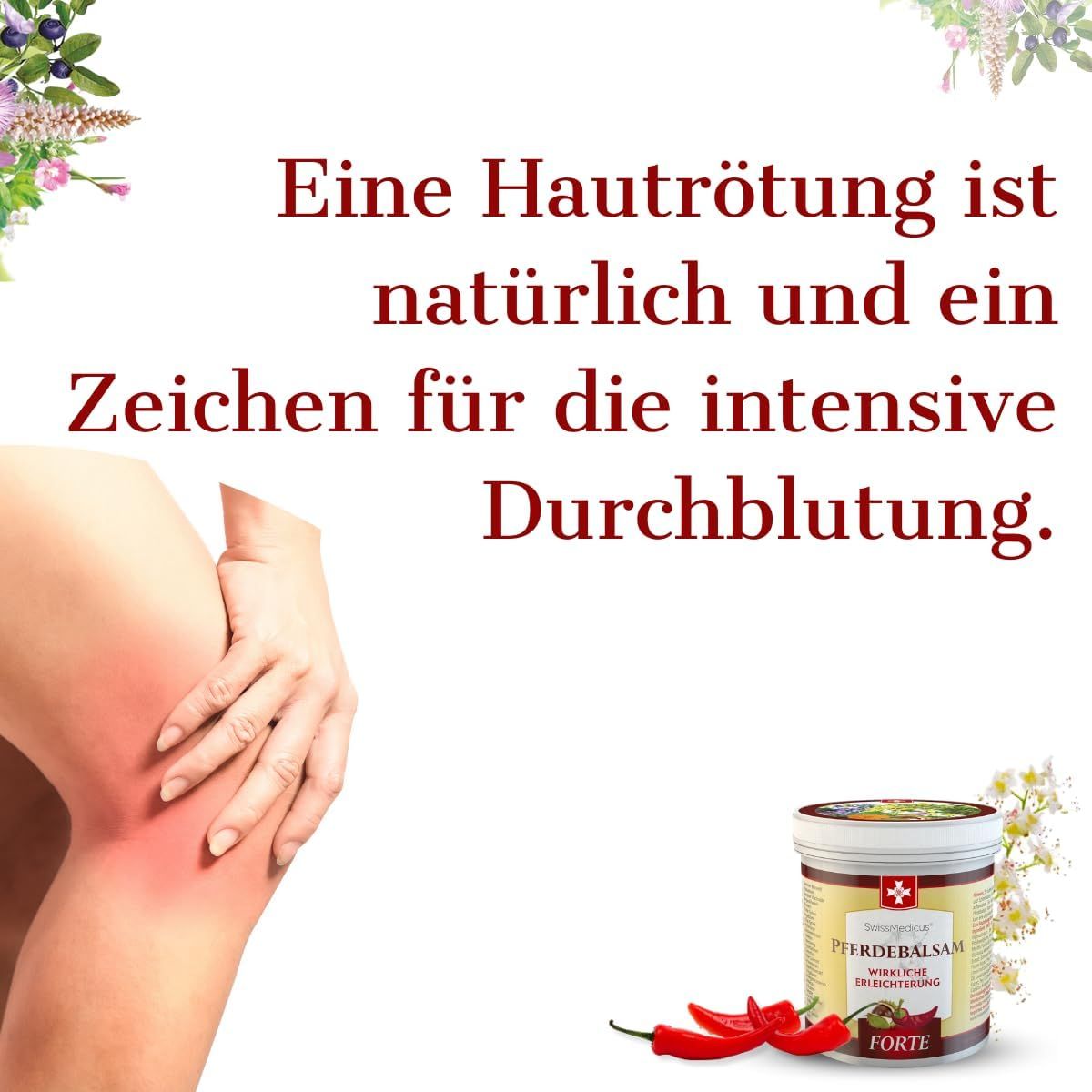 Immagine pubblicitaria con prodotto e gamba. Arrossamento al ginocchio. Prodotto: SwissMedicus Pferdebalsam FORTE.