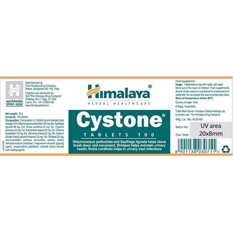 Himalaya Cystone compresse. Confezione bianca con testo. Testo: Cystone, Himalaya Herbal Healthcare. 100 compresse. Area UV 20x8mm.