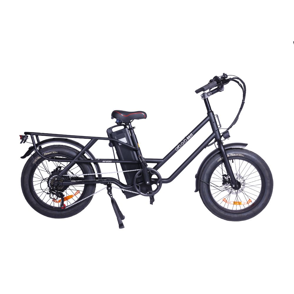 E-bike da carico nero con portapacchi. Visibili: batteria, sella, manubrio, pneumatici. Scritta: GOGOBEST.