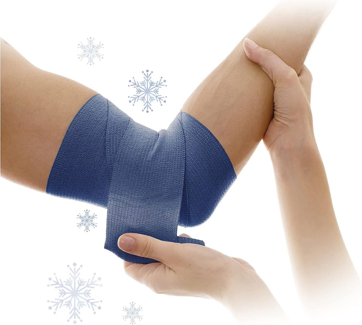 Bendaggio rinfrescante blu avvolto attorno al braccio. Una mano tiene il braccio, l'altra avvolge la benda. Illustrazioni di fiocchi di neve.