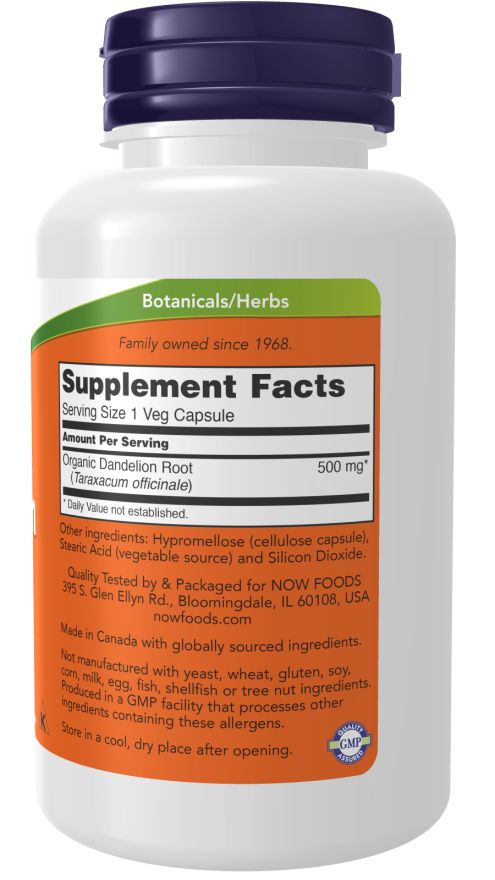 Retro del flacone bianco. Scritta: Supplement Facts, Organic Dandelion Root 500 mg. Ingredienti. Marchio: NOW.