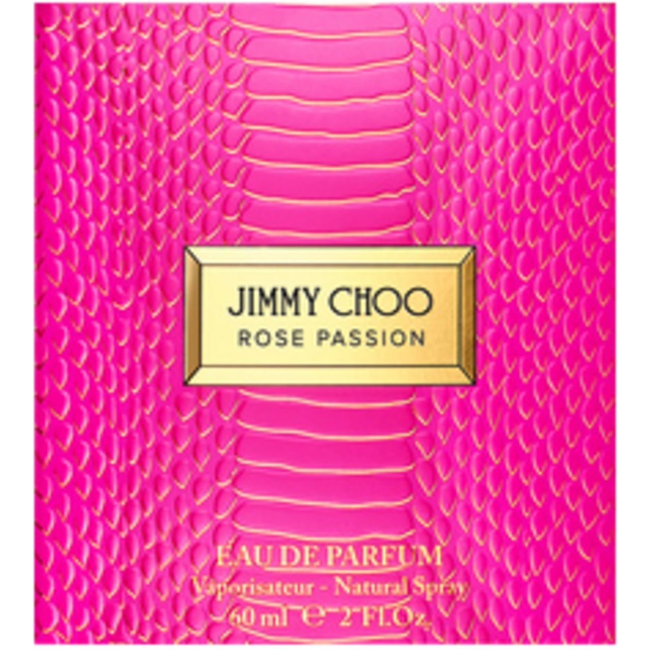 Primo piano della confezione Jimmy Choo Rose Passion. Scatola rosa con motivo serpente e logo dorato.