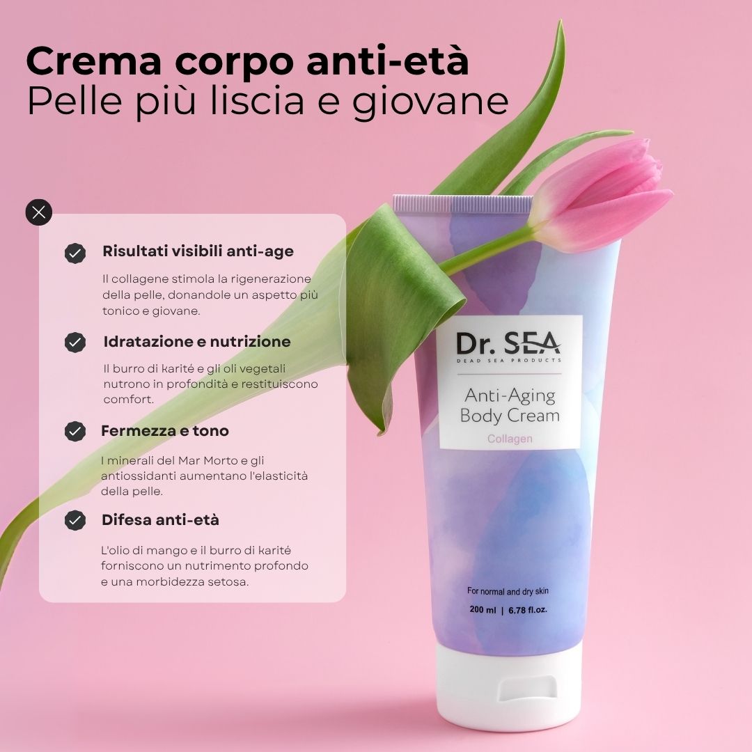 Tubo di crema con testo e fiore. Testo: "Dr. SEA Anti-Aging Body Cream Collagen".