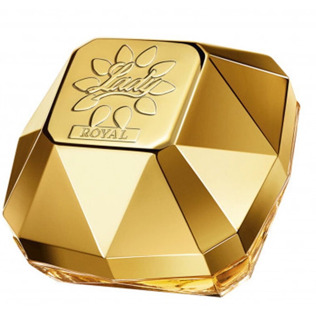 Flacone dorato dal design geometrico. Scritta: Lady Million Royal.