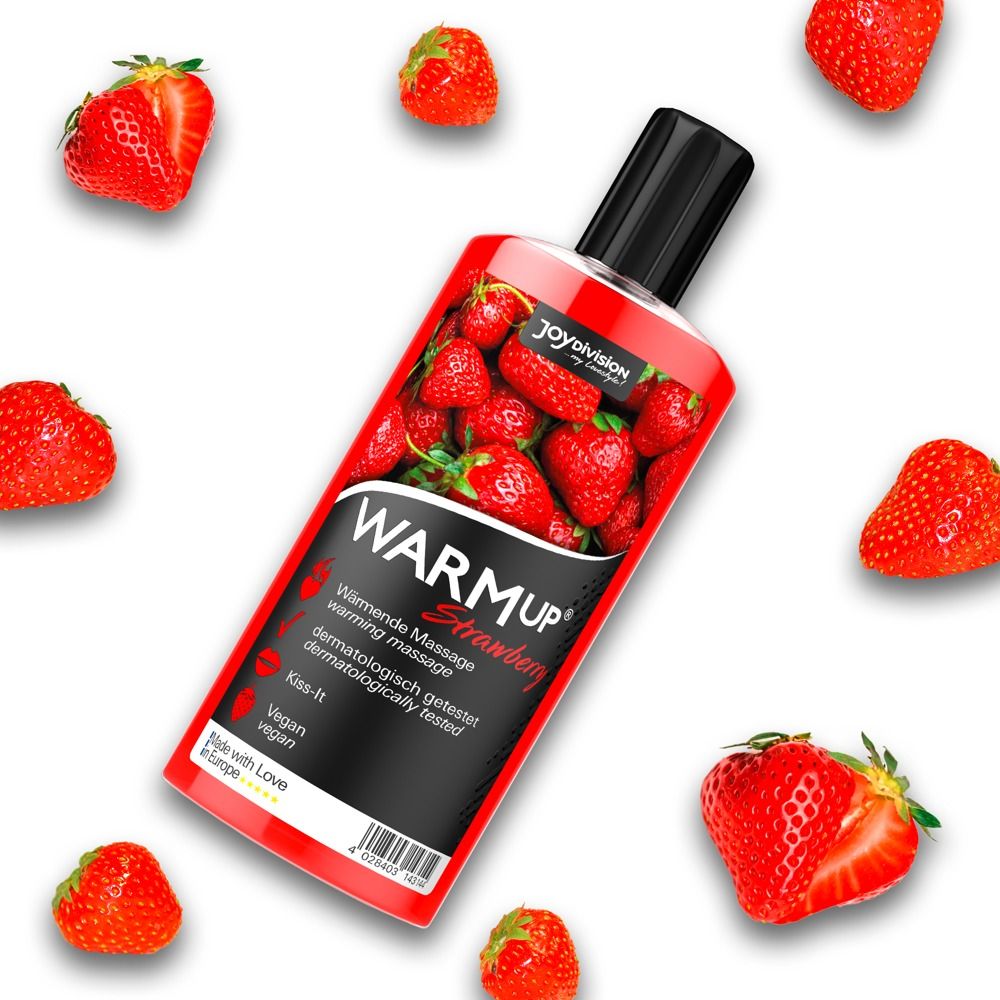 Flacone di WARMup® Massageliquid con motivo fragola ed effetto riscaldante.