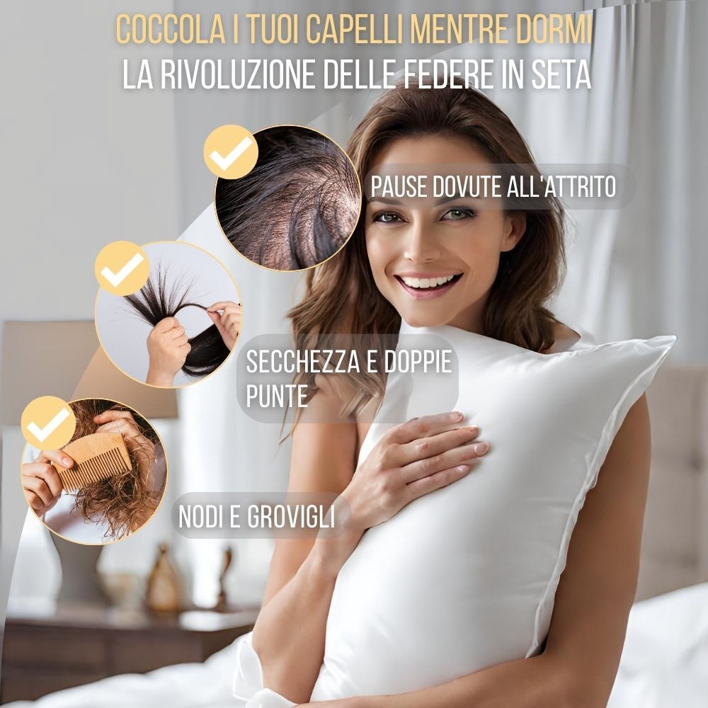 Donna con cuscino. Testo e grafica. Testo: « Coccola i tuoi capelli mentre dormi ». Federa in seta.