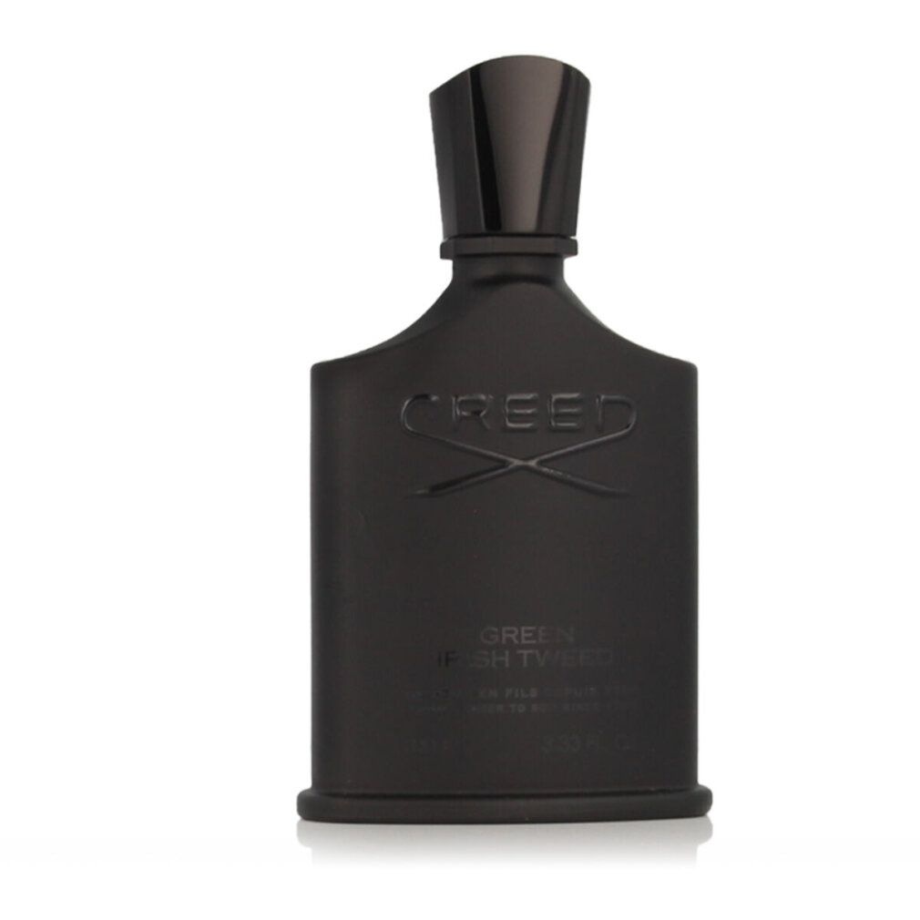 Flacone nero con scritta "CREED GREEN IRISH TWEED". Sfondo bianco.