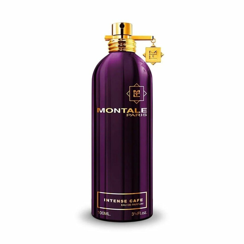 Flacone di profumo viola scuro, tappo dorato e ciondolo. Scritta: Intense Cafe Eau de Parfum.