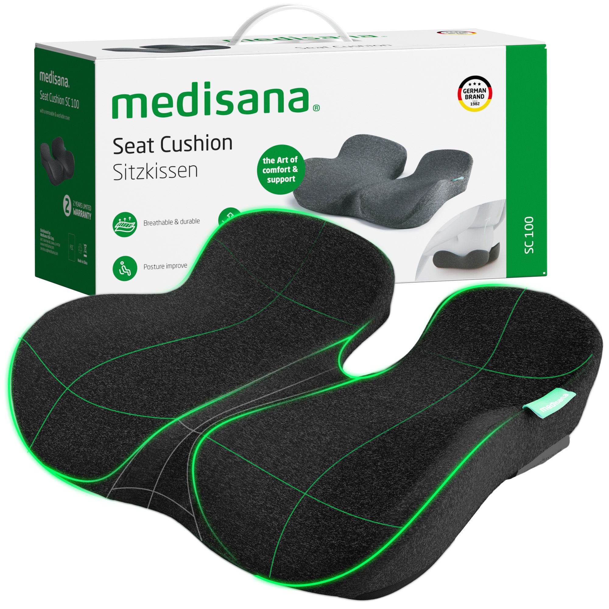 Cuscino Medisana MC 100 e confezione. Design ergonomico, traspirante.