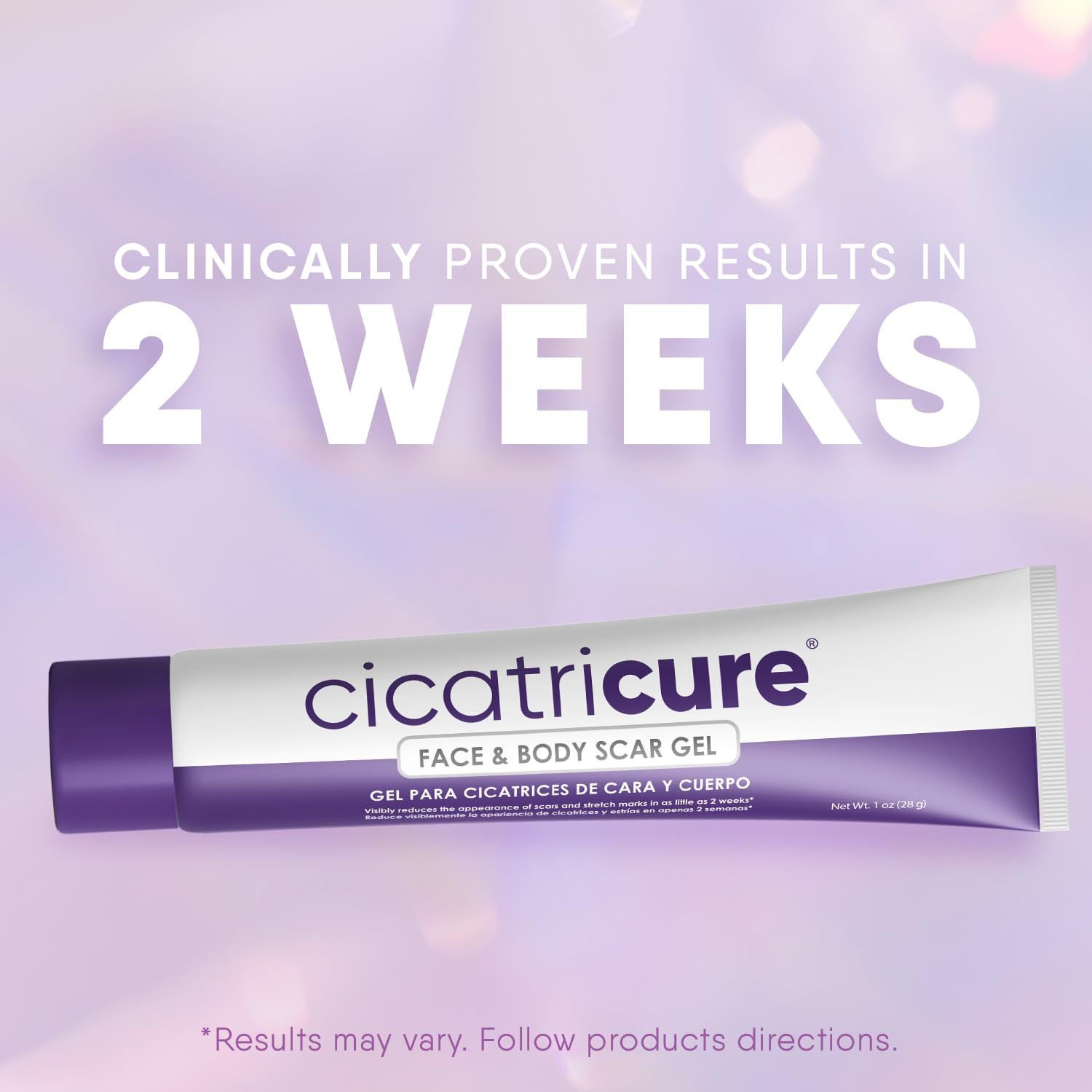 Tubo di Gel-Crema Cicatricure. Risultati clinicamente provati in 2 settimane. Viola e bianco.