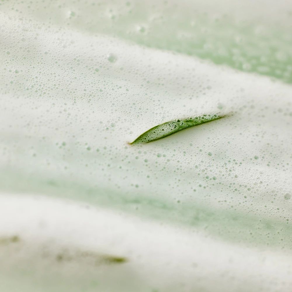 Primo piano di schiuma di sapone con una foglia verde.