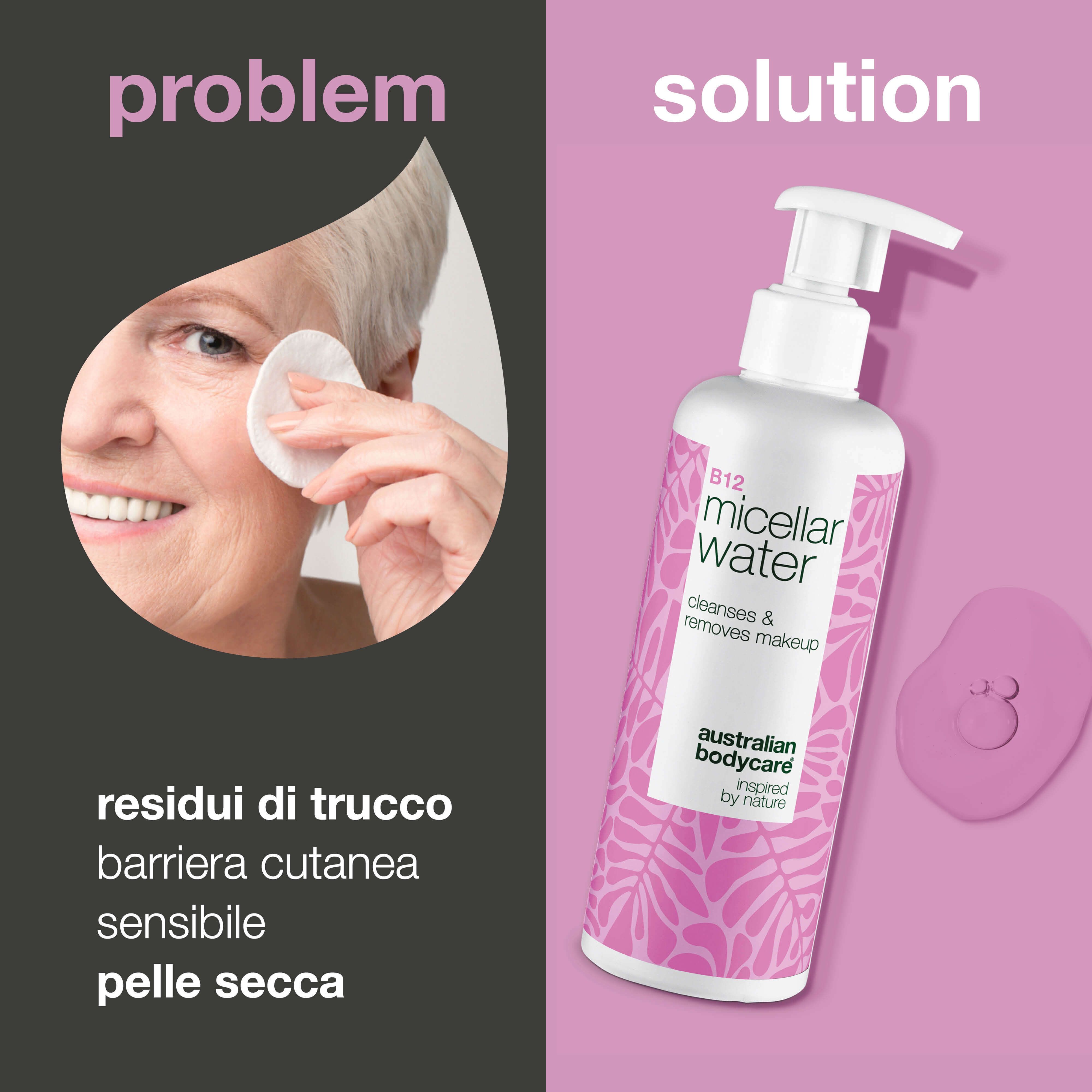 Donna che si pulisce il viso con un dischetto. Accanto, flacone B12 Micellar Water. Testo: residui di trucco.