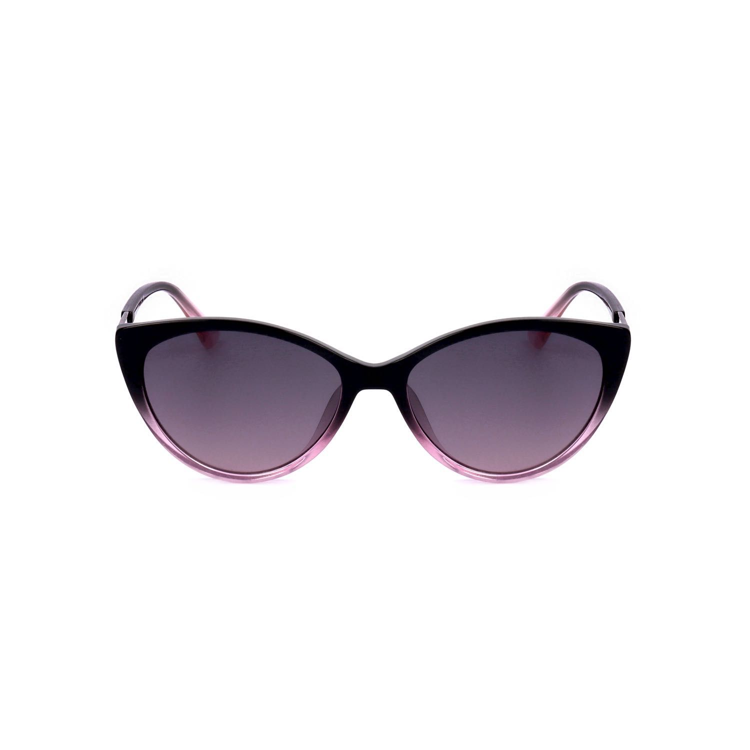 Occhiali da sole neri a forma di occhio di gatto con montatura sfumata rosa.